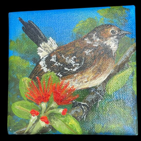 Original Bird Painting By L Peterson 4x4 Canvas Nature Scene With Red Flowers & - Picture 6 of 13